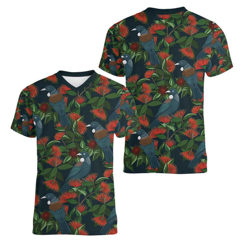 New Zealand Christmas Women V-Neck T-Shirt Romantic Tui Birds on Pohutukawa - Cobalt - Aussie Hoodie