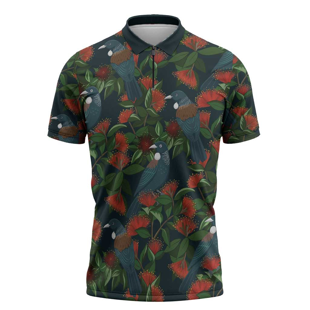 New Zealand Christmas Zipper Polo Shirt Romantic Tui Birds on Pohutukawa - Cobalt - Aussie Hoodie