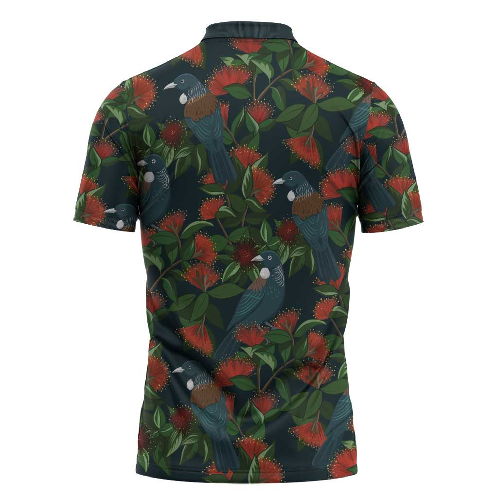 New Zealand Christmas Zipper Polo Shirt Romantic Tui Birds on Pohutukawa - Cobalt - Aussie Hoodie
