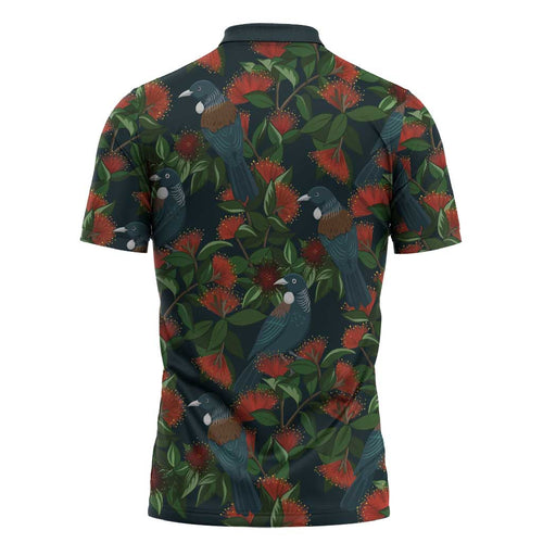 New Zealand Christmas Zipper Polo Shirt Romantic Tui Birds on Pohutukawa - Cobalt - Aussie Hoodie