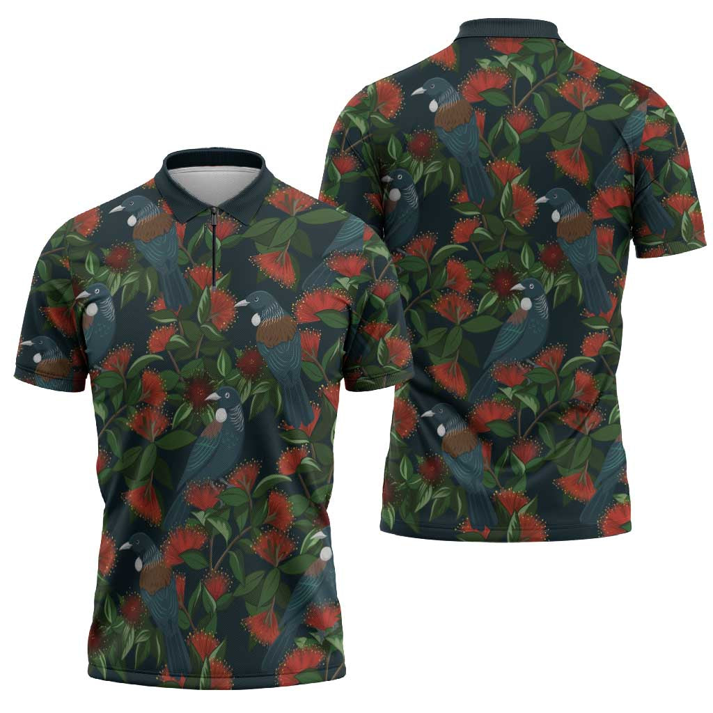New Zealand Christmas Zipper Polo Shirt Romantic Tui Birds on Pohutukawa - Cobalt - Aussie Hoodie