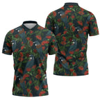 New Zealand Christmas Zipper Polo Shirt Romantic Tui Birds on Pohutukawa - Cobalt - Aussie Hoodie
