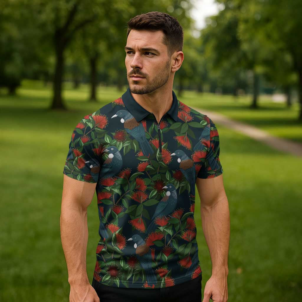 New Zealand Christmas Zipper Polo Shirt Romantic Tui Birds on Pohutukawa - Cobalt - Aussie Hoodie