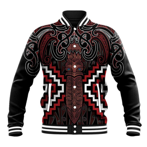 Maori Taiaha Whakairo Personalized Baseball Jacket Red Poutama Motifs