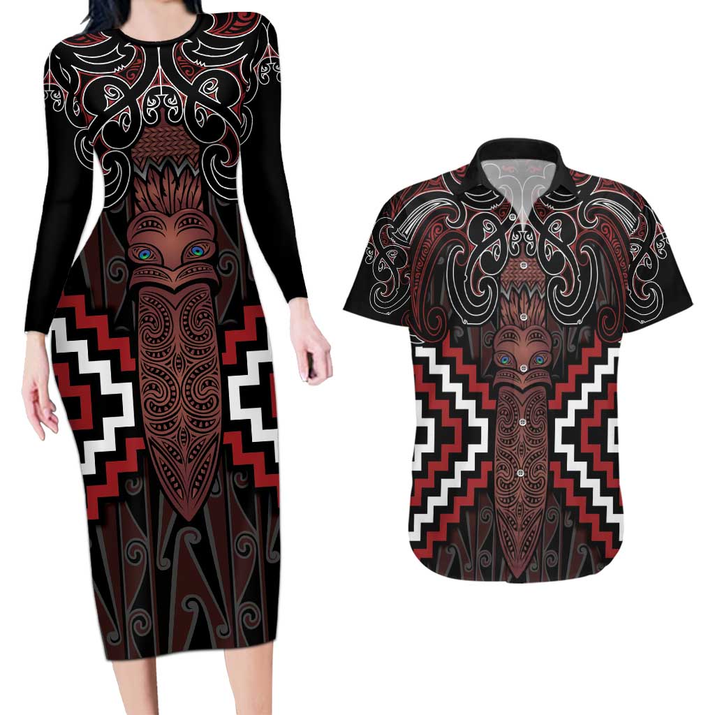 Maori Taiaha Whakairo Personalized Couples Matching Long Sleeve Bodycon Dress and Hawaiian Shirt Red Poutama Motifs