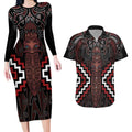 Maori Taiaha Whakairo Personalized Couples Matching Long Sleeve Bodycon Dress and Hawaiian Shirt Red Poutama Motifs
