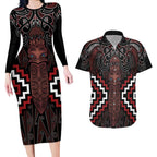 Maori Taiaha Whakairo Personalized Couples Matching Long Sleeve Bodycon Dress and Hawaiian Shirt Red Poutama Motifs