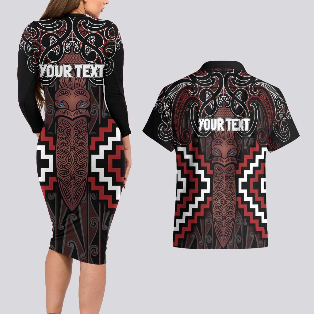 Maori Taiaha Whakairo Personalized Couples Matching Long Sleeve Bodycon Dress and Hawaiian Shirt Red Poutama Motifs
