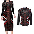 Maori Taiaha Whakairo Personalized Couples Matching Long Sleeve Bodycon Dress and Long Sleeve Button Shirt Red Poutama Motifs