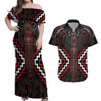 Maori Taiaha Whakairo Personalized Couples Matching Off Shoulder Maxi Dress and Hawaiian Shirt Red Poutama Motifs