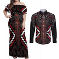 Maori Taiaha Whakairo Personalized Couples Matching Off Shoulder Maxi Dress and Long Sleeve Button Shirt Red Poutama Motifs
