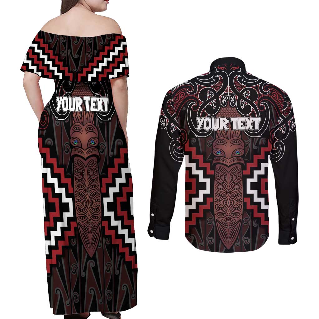 Maori Taiaha Whakairo Personalized Couples Matching Off Shoulder Maxi Dress and Long Sleeve Button Shirt Red Poutama Motifs