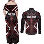 Maori Taiaha Whakairo Personalized Couples Matching Off Shoulder Maxi Dress and Long Sleeve Button Shirt Red Poutama Motifs