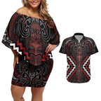 Maori Taiaha Whakairo Personalized Couples Matching Off Shoulder Short Dress and Hawaiian Shirt Red Poutama Motifs