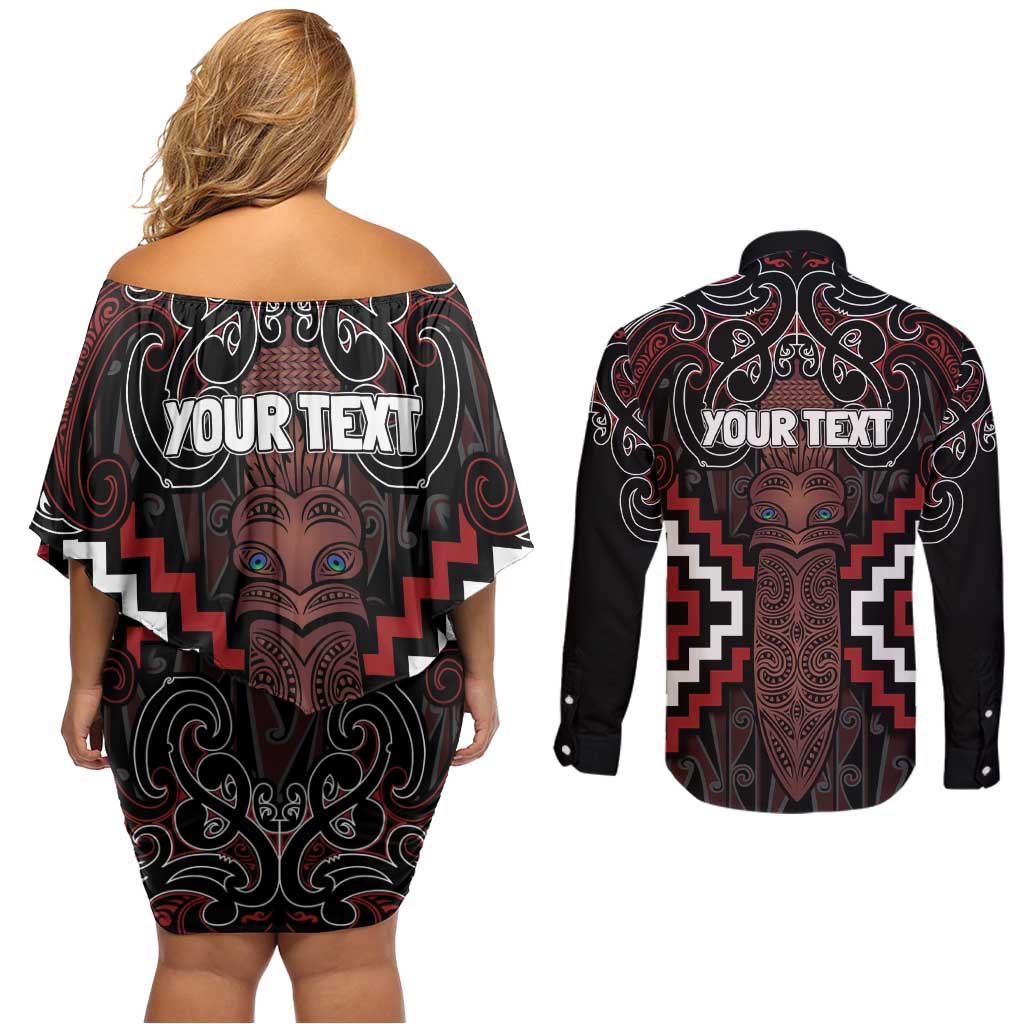 Maori Taiaha Whakairo Personalized Couples Matching Off Shoulder Short Dress and Long Sleeve Button Shirt Red Poutama Motifs