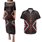 Maori Taiaha Whakairo Personalized Couples Matching Puletasi and Hawaiian Shirt Red Poutama Motifs