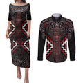 Maori Taiaha Whakairo Personalized Couples Matching Puletasi and Long Sleeve Button Shirt Red Poutama Motifs