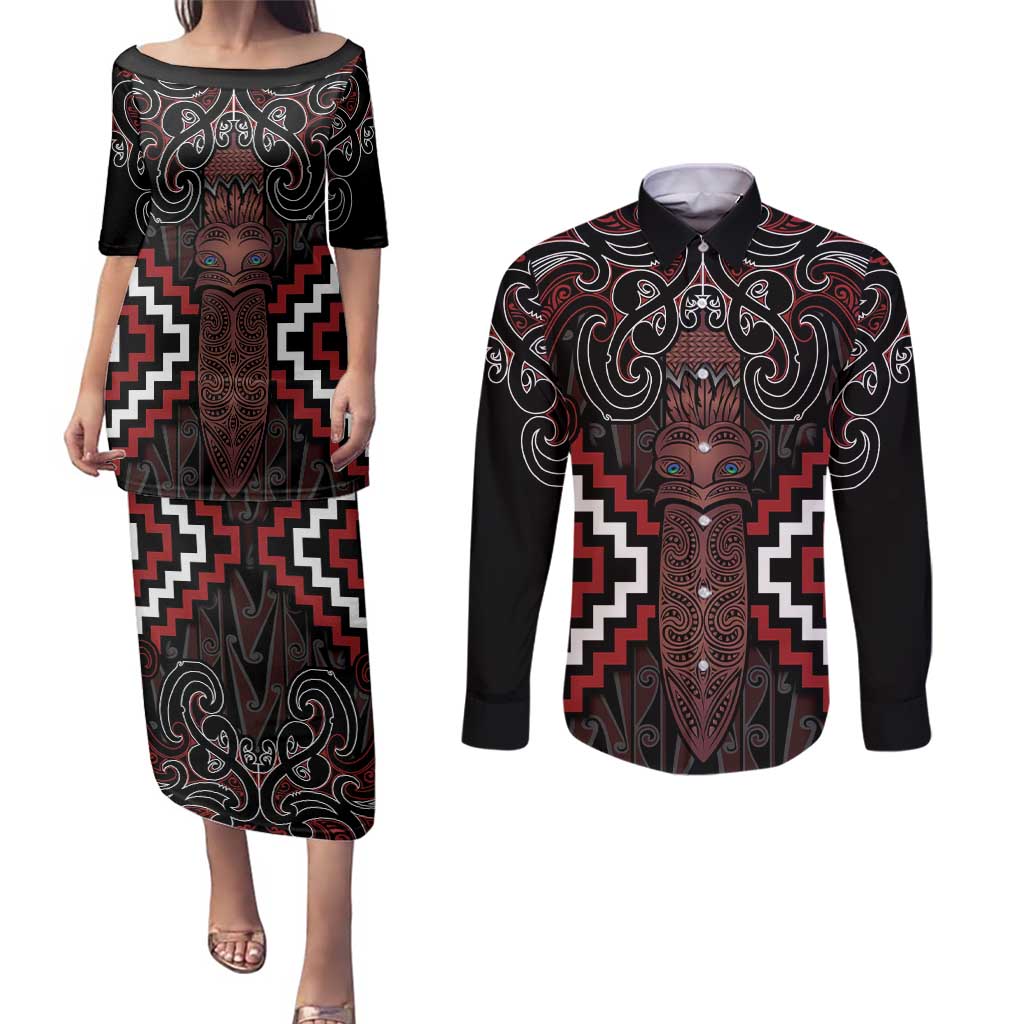 Maori Taiaha Whakairo Personalized Couples Matching Puletasi and Long Sleeve Button Shirt Red Poutama Motifs