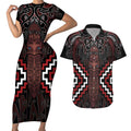 Maori Taiaha Whakairo Personalized Couples Matching Short Sleeve Bodycon Dress and Hawaiian Shirt Red Poutama Motifs