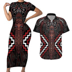 Maori Taiaha Whakairo Personalized Couples Matching Short Sleeve Bodycon Dress and Hawaiian Shirt Red Poutama Motifs
