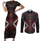 Maori Taiaha Whakairo Personalized Couples Matching Short Sleeve Bodycon Dress and Long Sleeve Button Shirt Red Poutama Motifs