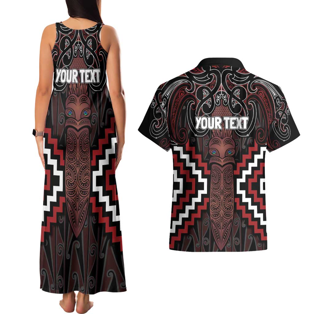 Maori Taiaha Whakairo Personalized Couples Matching Tank Maxi Dress and Hawaiian Shirt Red Poutama Motifs
