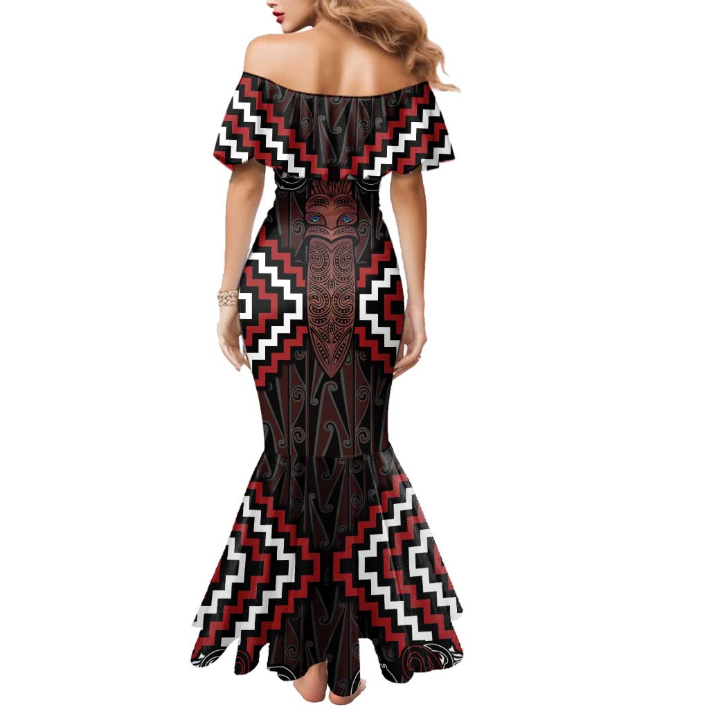Maori Taiaha Whakairo Personalized Family Matching Mermaid Dress and Hawaiian Shirt Red Poutama Motifs