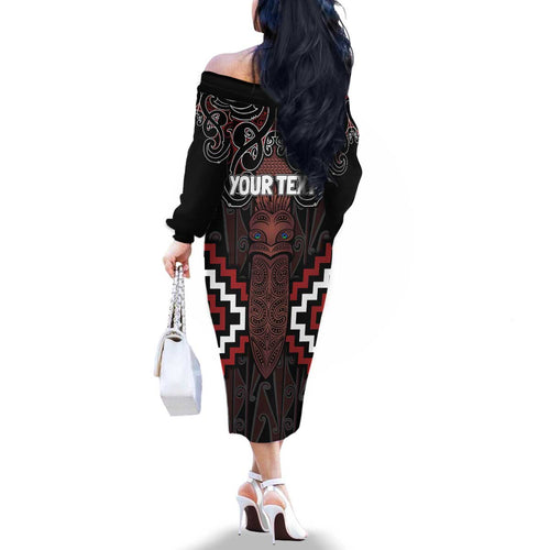 Maori Taiaha Whakairo Personalized Family Matching Off The Shoulder Long Sleeve Dress and Hawaiian Shirt Red Poutama Motifs