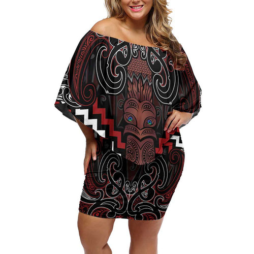 Maori Taiaha Whakairo Personalized Family Matching Off Shoulder Short Dress and Hawaiian Shirt Red Poutama Motifs