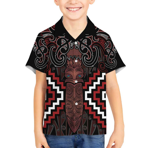 Maori Taiaha Whakairo Personalized Family Matching Off Shoulder Short Dress and Hawaiian Shirt Red Poutama Motifs