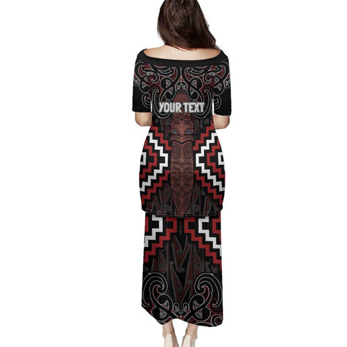 Maori Taiaha Whakairo Personalized Family Matching Puletasi and Hawaiian Shirt Red Poutama Motifs