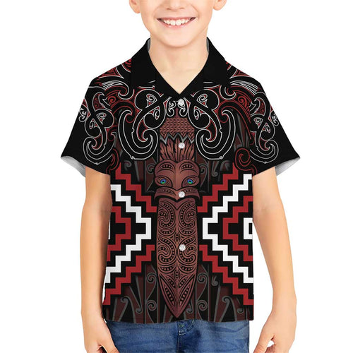 Maori Taiaha Whakairo Personalized Family Matching Short Sleeve Bodycon Dress and Hawaiian Shirt Red Poutama Motifs
