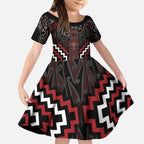 Maori Taiaha Whakairo Personalized Kid Short Sleeve Dress Red Poutama Motifs