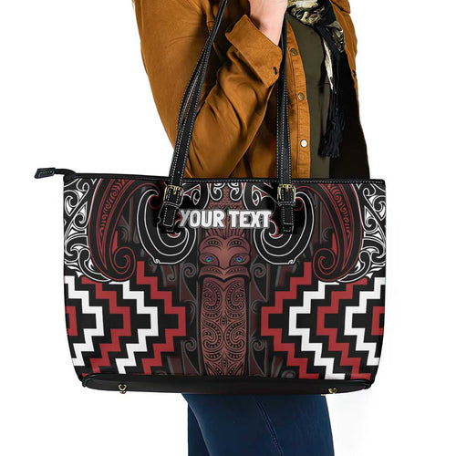 Maori Taiaha Whakairo Personalized Leather Tote Bag Red Poutama Motifs