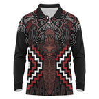 Maori Taiaha Whakairo Personalized Long Sleeve Polo Shirt Red Poutama Motifs
