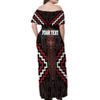 Maori Taiaha Whakairo Personalized Off Shoulder Maxi Dress Red Poutama Motifs