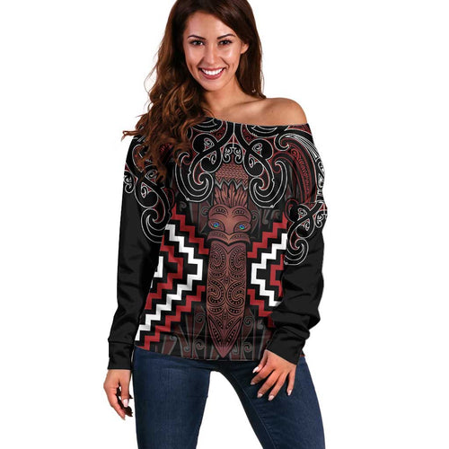 Maori Taiaha Whakairo Personalized Off Shoulder Sweater Red Poutama Motifs