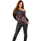 Maori Taiaha Whakairo Personalized Off Shoulder Sweater Red Poutama Motifs
