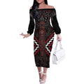 Maori Taiaha Whakairo Personalized Off The Shoulder Long Sleeve Dress Red Poutama Motifs