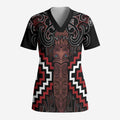 Maori Taiaha Whakairo Personalized Scrub Top Red Poutama Motifs - Aussie Hoodie