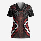 Maori Taiaha Whakairo Personalized Scrub Top Red Poutama Motifs - Aussie Hoodie