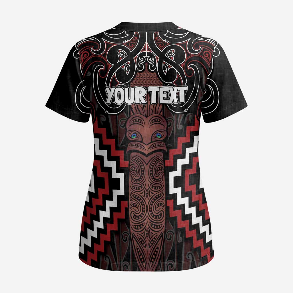 Maori Taiaha Whakairo Personalized Scrub Top Red Poutama Motifs - Aussie Hoodie