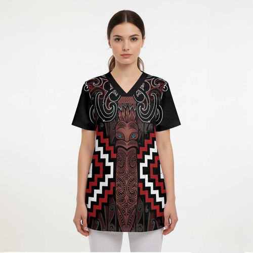Maori Taiaha Whakairo Personalized Scrub Top Red Poutama Motifs - Aussie Hoodie