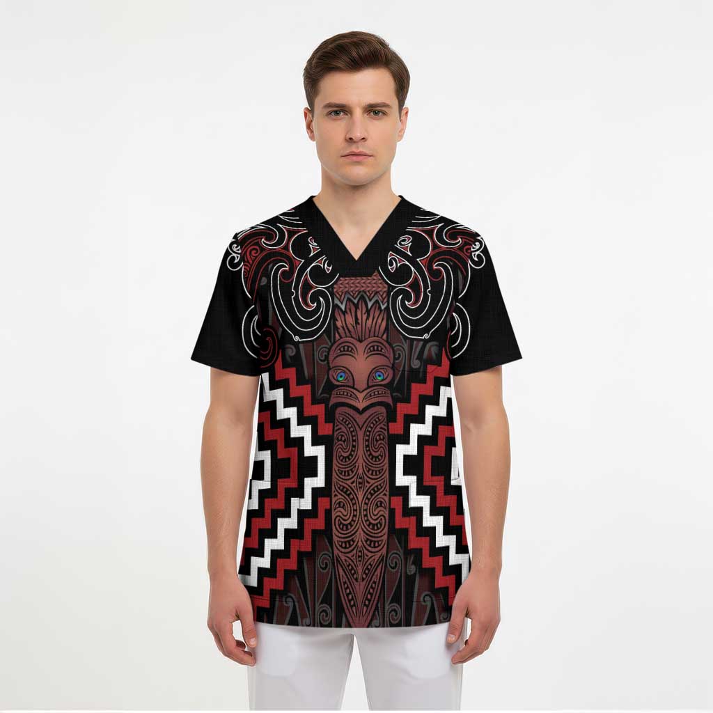 Maori Taiaha Whakairo Personalized Scrub Top Red Poutama Motifs - Aussie Hoodie