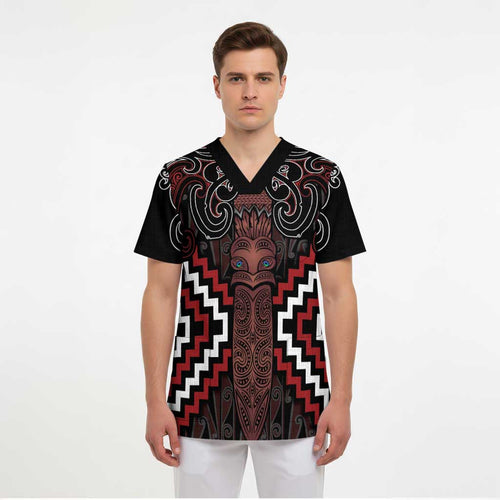 Maori Taiaha Whakairo Personalized Scrub Top Red Poutama Motifs - Aussie Hoodie