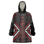 Maori Taiaha Whakairo Personalized Wearable Blanket Hoodie Red Poutama Motifs