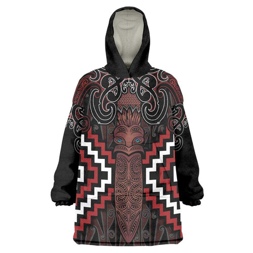 Maori Taiaha Whakairo Personalized Wearable Blanket Hoodie Red Poutama Motifs