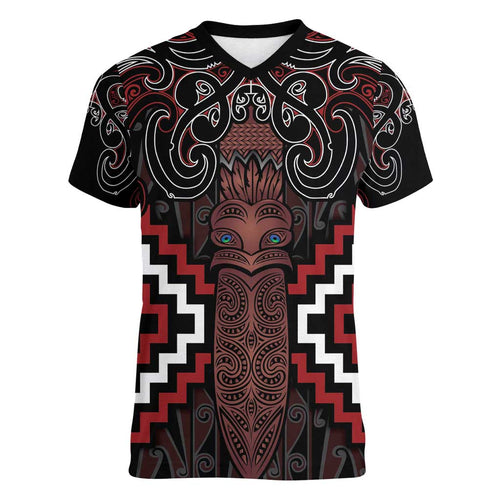 Maori Taiaha Whakairo Personalized Women V-Neck T-Shirt Red Poutama Motifs