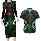 Maori Taiaha Pounamu Whakairo Personalized Couples Matching Long Sleeve Bodycon Dress and Hawaiian Shirt Jade Poutama Motifs