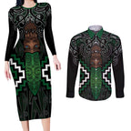 Maori Taiaha Pounamu Whakairo Personalized Couples Matching Long Sleeve Bodycon Dress and Long Sleeve Button Shirt Jade Poutama Motifs